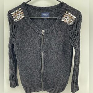 American Eagle Gray Embellished Rhinestone Womens Sweater Zip 100 Cotton Small
